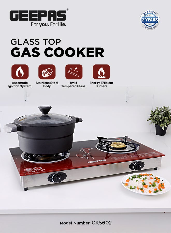 GEEPAS - Double Burner Glass Top Gas Stove Stainless Steel Frame and Tray  Auto Piezo Ignition GK5602 Red - Image 1