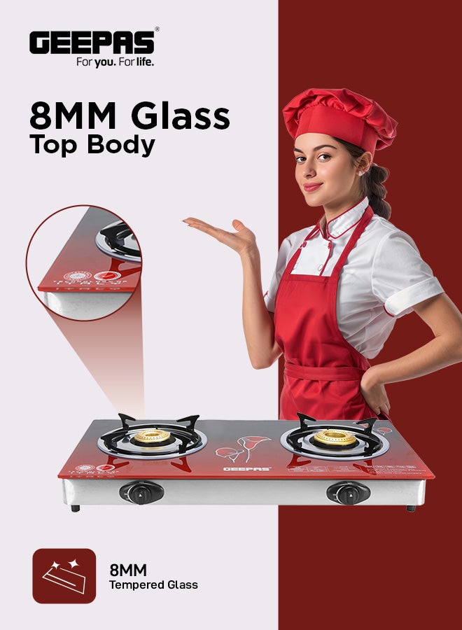 GEEPAS - Double Burner Glass Top Gas Stove Stainless Steel Frame and Tray  Auto Piezo Ignition GK5602 Red - Image 1