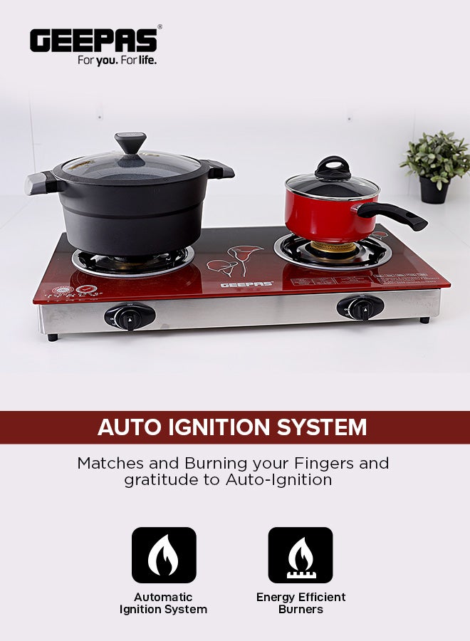 GEEPAS - Double Burner Glass Top Gas Stove Stainless Steel Frame and Tray  Auto Piezo Ignition GK5602 Red - Image 1