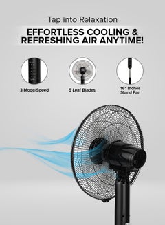 GEEPAS 16" Stand Fan with Remote Control - 3 Mode/Speed, 5 Leaf Blade Wide Oscillation, Adjustable Height & Tilt Setting With Led Display | 7.5 Hours Timer 60 W GF9489N Black  - Image 3