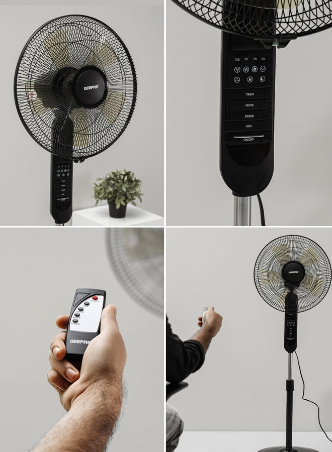 GEEPAS - 16" Stand Fan with Remote Control - 3 Mode/Speed, 5 Leaf Blade Wide Oscillation, Adjustable Height & Tilt Setting With Led Display | 7.5 Hours Timer 60 W GF9489N Black - Image 1