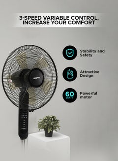 GEEPAS 16" Stand Fan with Remote Control - 3 Mode/Speed, 5 Leaf Blade Wide Oscillation, Adjustable Height & Tilt Setting With Led Display | 7.5 Hours Timer 60 W GF9489N Black  - Image 2