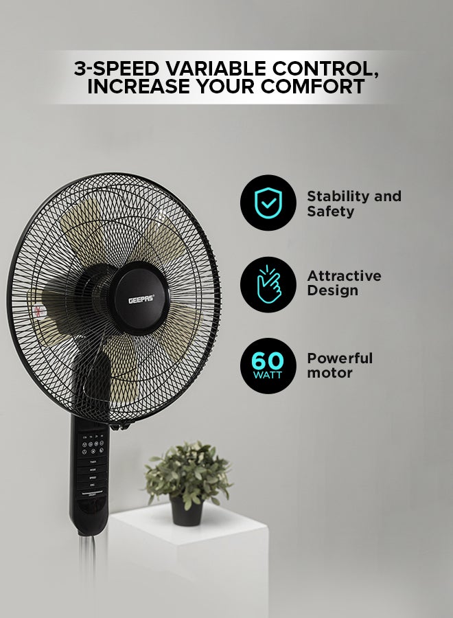 GEEPAS - 16" Stand Fan with Remote Control - 3 Mode/Speed, 5 Leaf Blade Wide Oscillation, Adjustable Height & Tilt Setting With Led Display | 7.5 Hours Timer 60 W GF9489N Black - Image 1