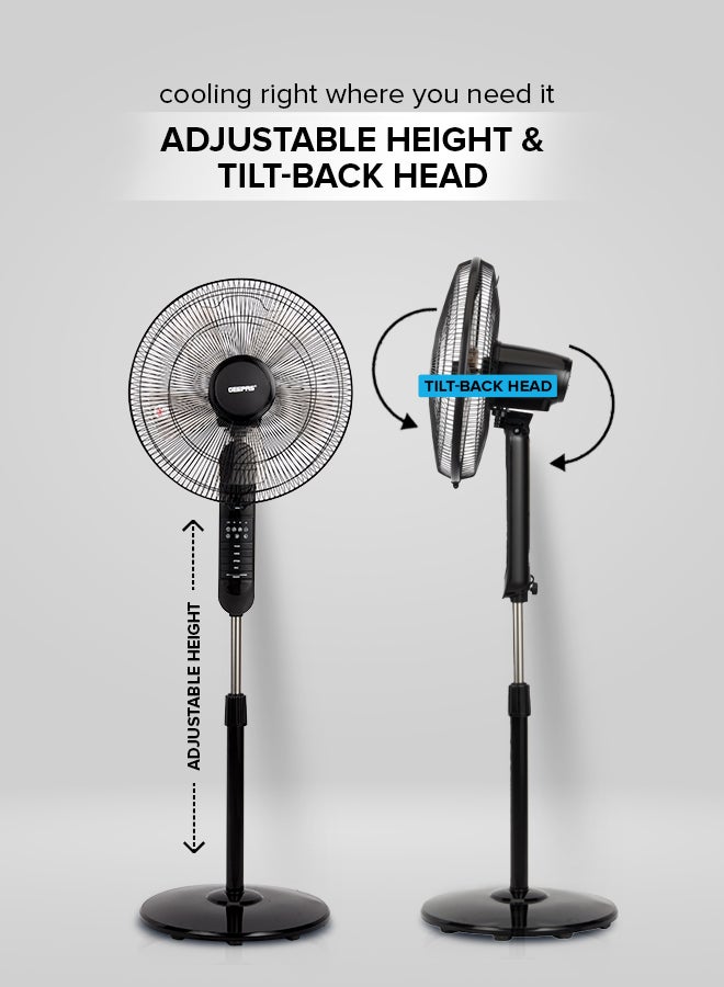 GEEPAS - 16" Stand Fan with Remote Control - 3 Mode/Speed, 5 Leaf Blade Wide Oscillation, Adjustable Height & Tilt Setting With Led Display | 7.5 Hours Timer 60 W GF9489N Black - Image 1