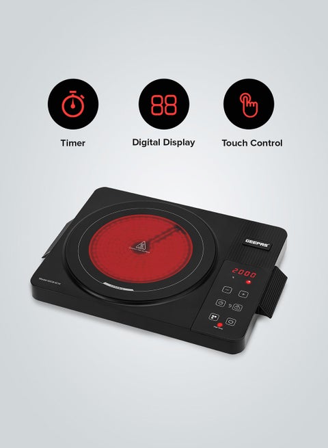 Digital Infrared Cooker Infrared Burner-GIC6101, With 10 Level Adjustable Temperature, Single Cooking Hob With Button Control, Multi Functions Include Hot Pot, Fry, Stir Fry, BBQ, Soup, Water, Warm 2000 W GIC6101K Black