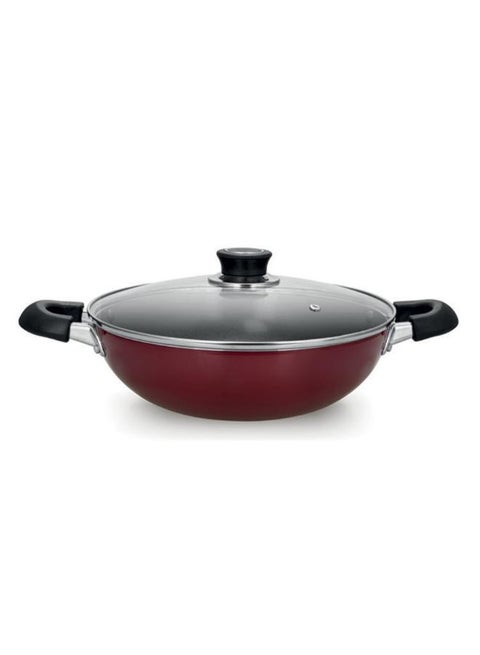 26Cm Wok Pan With Glass Lid Pfoa And Lead Free 3 Layer Non-Stick Coating Cd Bottom Heat Resistant Strong Bakelite Handle Non-Stick Coating Premium Quality Alumininum 26X7.5 Cm Red 26 CM