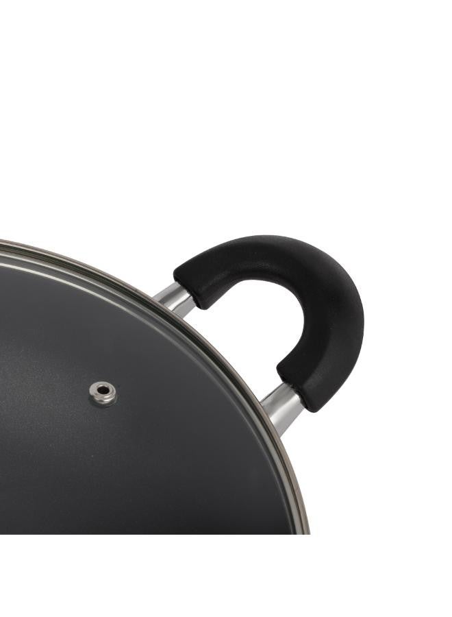Royalford - Wok Pan With Glass Lid Pfoa Free Lead Free 3 Layer Non-Stick Coating Cd Bottom Heat-Resistant Exterior Strong Bakelite Handle Premium Quality Aluminium Multi Color 30X8.5Cm Multi Color 30X8.5Cmcm - Image 1
