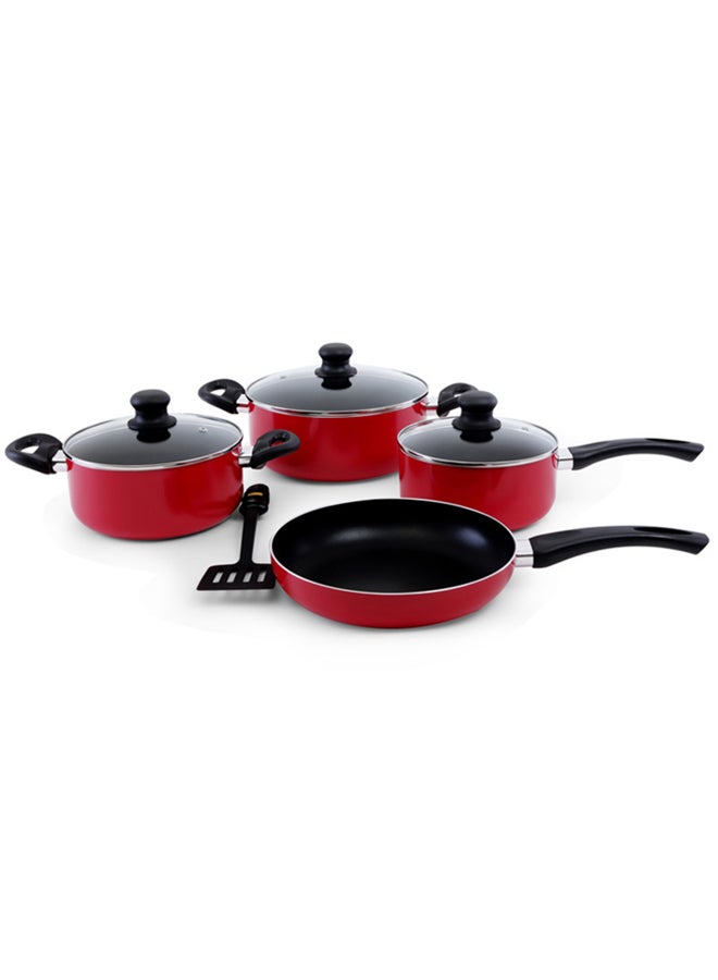 Royalford 8-Piece Non-stick Scratch Resistant Cookware Set Red 24x11(Casserole with Lid), 20x9(Casserole with Lid), 24x5(Frypan without Lid), 18x8.5(Saucepan with Lid)cm 