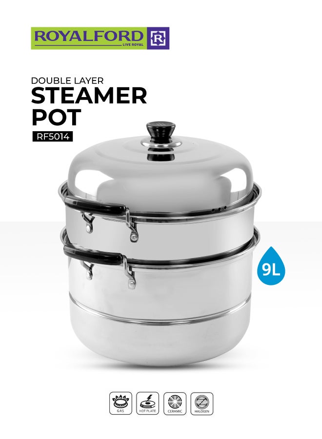 Royalford Double Layer Stainless Steel Steamer 9L – Multi-Use Steamer Pot with Heat-Resistant Handles, Dishwasher Safe, Compatible with Induction, Gas & Ceramic Cooktops Silver 9Liters - Image 1