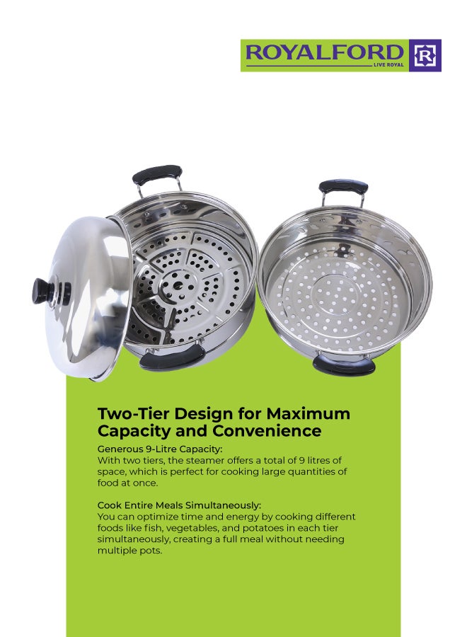 Royalford Double Layer Stainless Steel Steamer 9L – Multi-Use Steamer Pot with Heat-Resistant Handles, Dishwasher Safe, Compatible with Induction, Gas & Ceramic Cooktops Silver 9Liters - Image 3