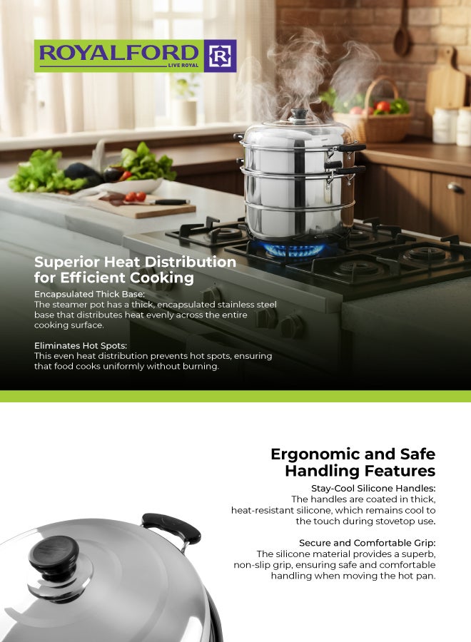 Royalford Double Layer Stainless Steel Steamer 9L – Multi-Use Steamer Pot with Heat-Resistant Handles, Dishwasher Safe, Compatible with Induction, Gas & Ceramic Cooktops Silver 9Liters - Image 4