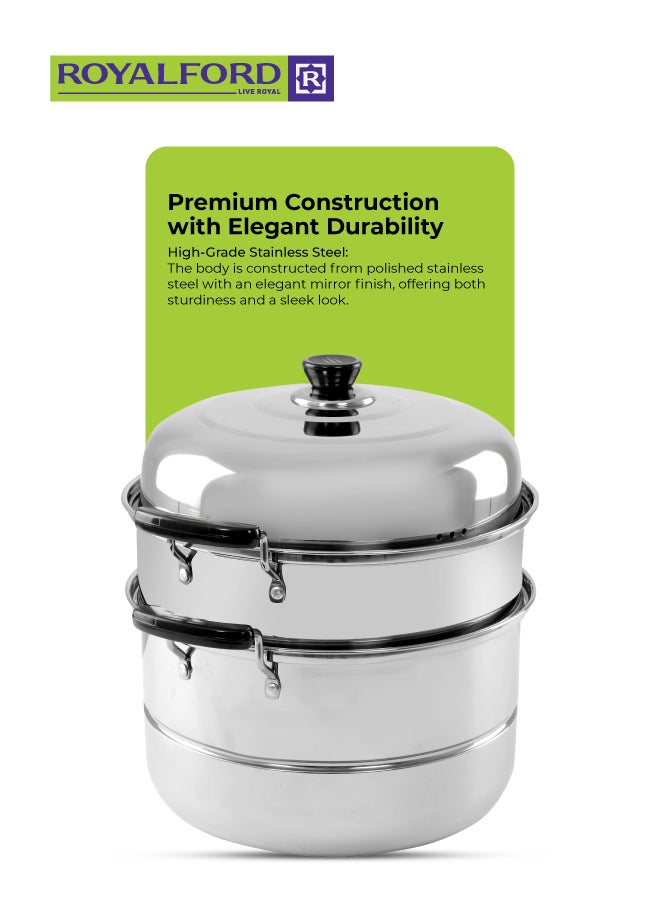 Royalford Double Layer Stainless Steel Steamer 9L – Multi-Use Steamer Pot with Heat-Resistant Handles, Dishwasher Safe, Compatible with Induction, Gas & Ceramic Cooktops Silver 9Liters - Image 2