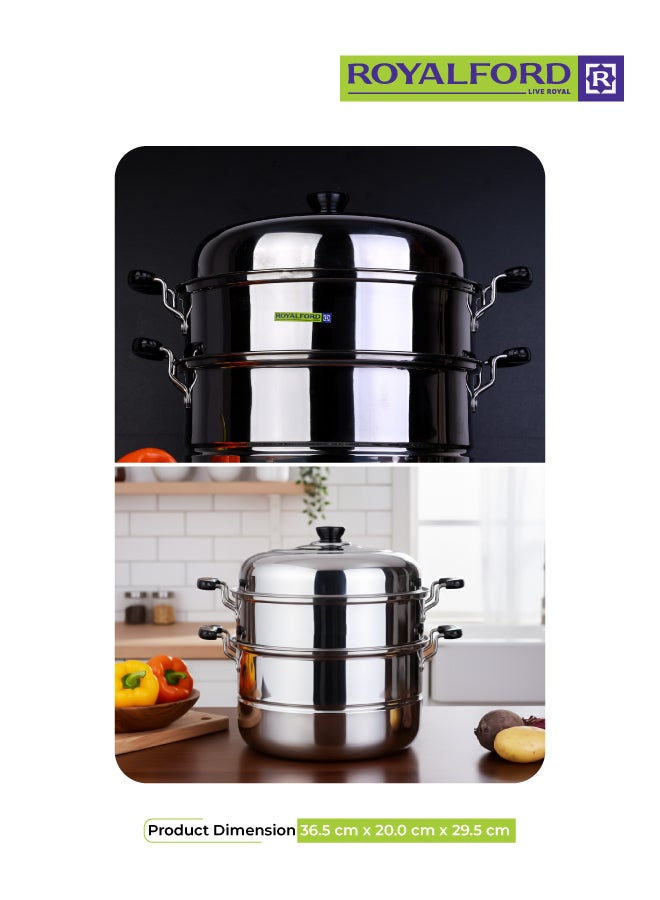 Royalford Double Layer Stainless Steel Steamer 9L – Multi-Use Steamer Pot with Heat-Resistant Handles, Dishwasher Safe, Compatible with Induction, Gas & Ceramic Cooktops Silver 9Liters - Image 5