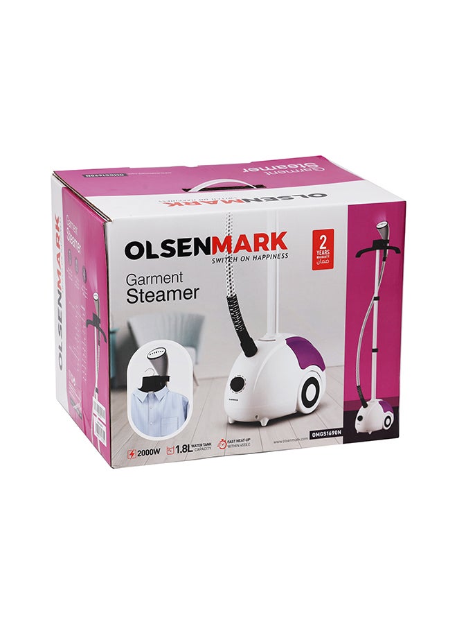 Olsenmark - Garment Steamer, Fast Heat-Up With-In 45 Seconds, Three Section Single-Rod Flat Tube, 120 Cm Aluminium Pole, 130 Cm Steam Tube 1.8 L 2000 W OMGS1690 White/Purple - Image 1