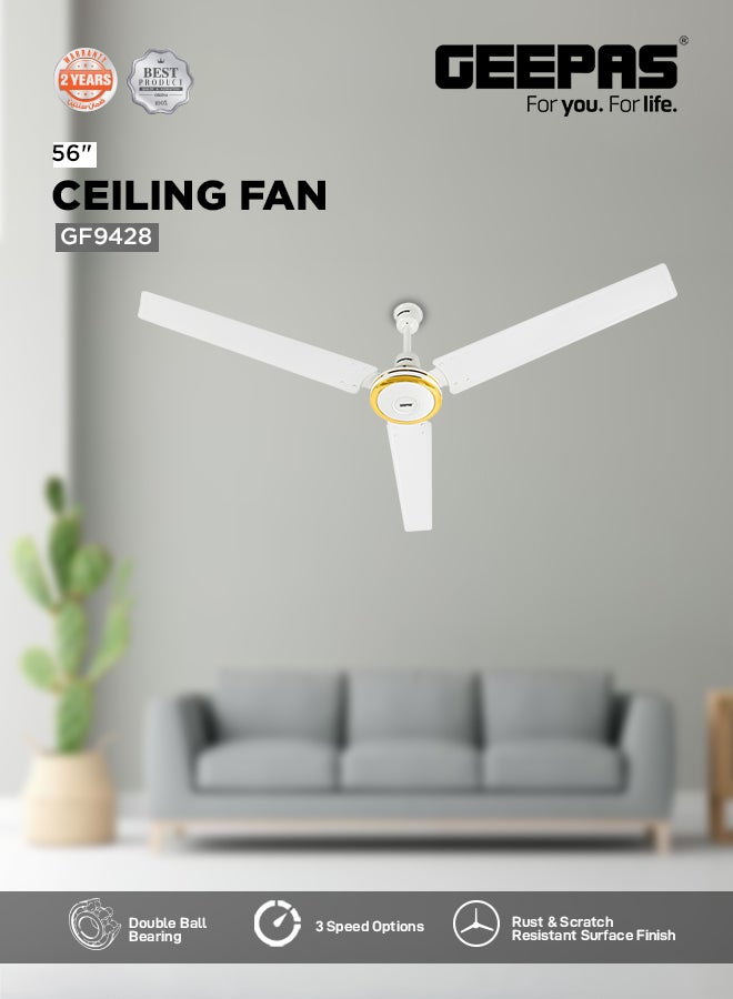 GEEPAS 56"Ceiling Fan | Double ball bearing | 3Speed | 3 Blade with Strong Air Breeze | Indoor Ceiling Fan with 290 RPM & Scratch Resistance Durable Body | Ideal for Living Room, Bed Room, and office 75 W GF9428 White  - Image 1