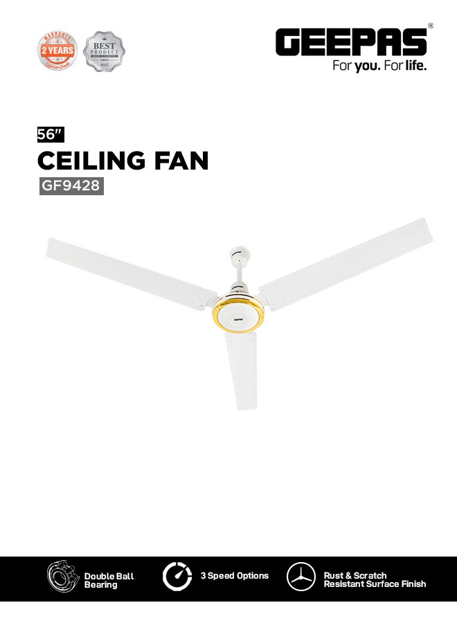 GEEPAS 56"Ceiling Fan | Double ball bearing | 3Speed | 3 Blade with Strong Air Breeze | Indoor Ceiling Fan with 290 RPM & Scratch Resistance Durable Body | Ideal for Living Room, Bed Room, and office 75 W GF9428 White  - Image 5