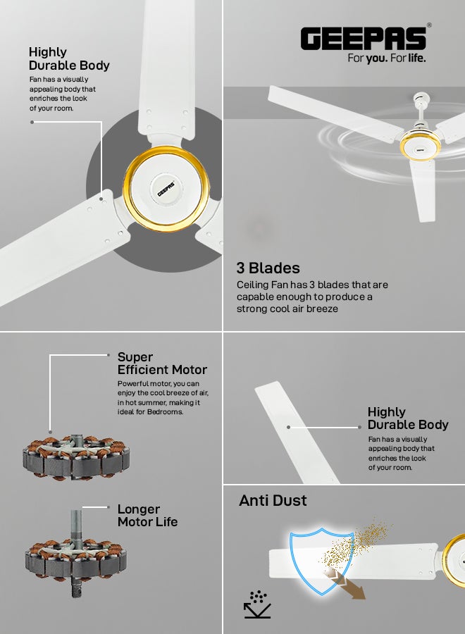 GEEPAS 56"Ceiling Fan | Double ball bearing | 3Speed | 3 Blade with Strong Air Breeze | Indoor Ceiling Fan with 290 RPM & Scratch Resistance Durable Body | Ideal for Living Room, Bed Room, and office 75 W GF9428 White  - Image 3