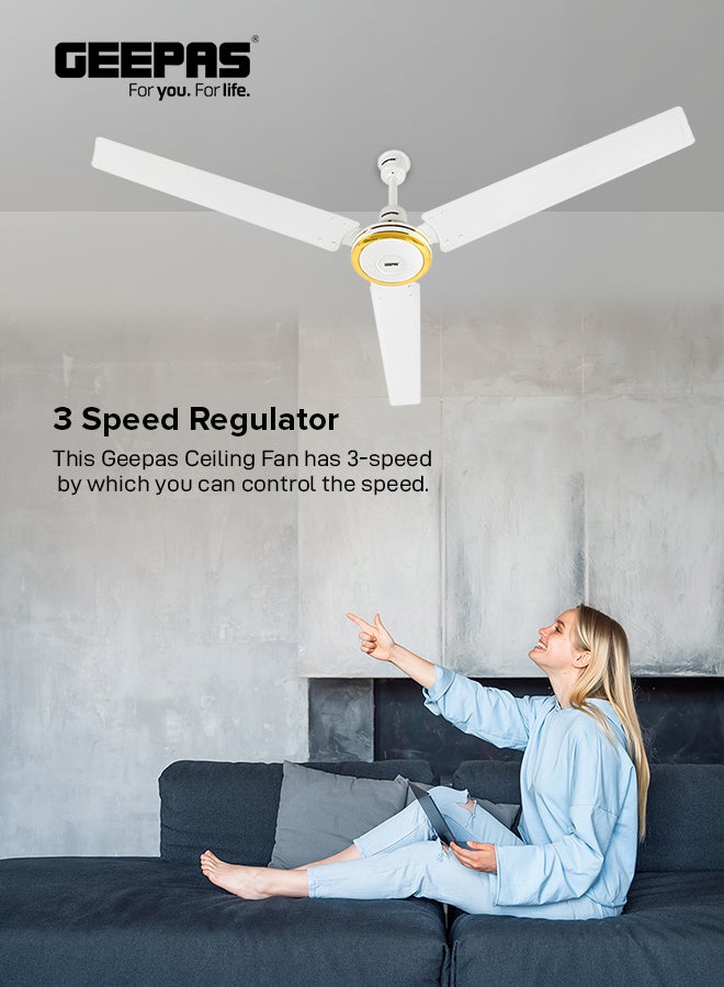 GEEPAS 56"Ceiling Fan | Double ball bearing | 3Speed | 3 Blade with Strong Air Breeze | Indoor Ceiling Fan with 290 RPM & Scratch Resistance Durable Body | Ideal for Living Room, Bed Room, and office 75 W GF9428 White  - Image 4