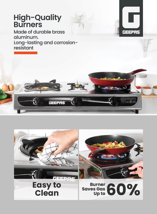 GEEPAS Gas Cooker, 3 Energy Efficient Burners With Heavy Cast Iron Mixing Tube| Low Gas Consumption And Saves 60% Gas| Auto Ignition System, LPG Gas Stove| Perfect For Home, Restaurants, Apartments GK6857 Silver  - Image 4