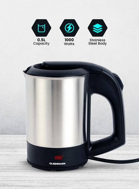 Electric Stainless Steel Kettle with Boil-Dry Protection, Automatic Turn Off, Portable & Compact Design, Indicator Light and Concealed Heating Element 500 ml 1000 W OMK2048NM Silver/Black