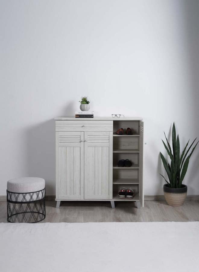 Pan Home Marta 1 x SHOE CABINET 114 cm L x 39 cm W 119cm H | 
Drawers, Storage, Tapered Legs 
| White Light Oak/Natural  - Image 1