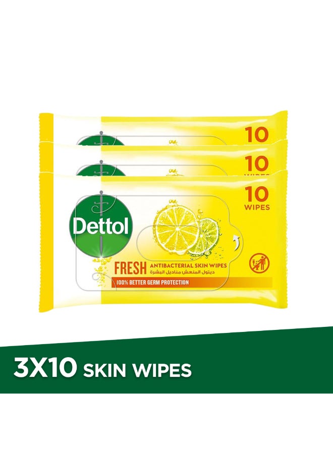 ديتول حزمة من 3 عبوات تحتوي 10 قطع من مناديل البشرة المنعشة المضادة للبكتيريا أبيض - Image 1