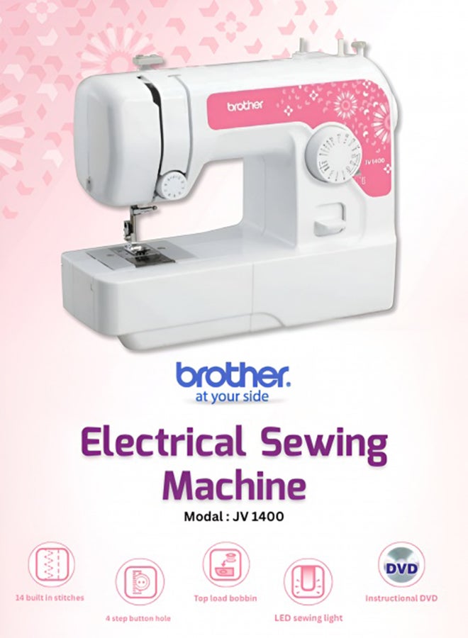 brother - Compact Electric Sewing Machine Easy To Use Sewing And Mending Machine | Featuring 14 Range Of Stitches And Free Arm Conversion This 4-Step Buttonhole | Top Load Bobbin System And Led Sewing Light | An Instructional Dvd For Easy Setup And Operation | White/Pink Color | Made In Vietnam JV-1400 White/Pink - Image 1