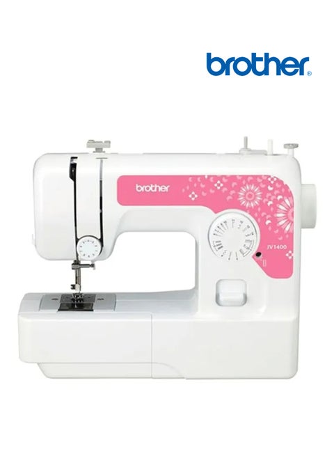ماكينة خياطة كهربائية صغيرة وسهلة الاستخدام | مزودة بـ ١٤ غرزة متنوعة وذراع تحويل حر | مزودة بزر تشغيل بأربع خطوات | نظام بكرة تحميل علوية وضوء خياطة ال اي دي | قرص دي في دي تعليمي لتسهيل الإعداد والتشغيل | اللون أبيض/وردي | صنعت في فيتنام  جاي ڤي -  ١٤٠٠  أبيض/وردي JV-1400 أبيض / وردي