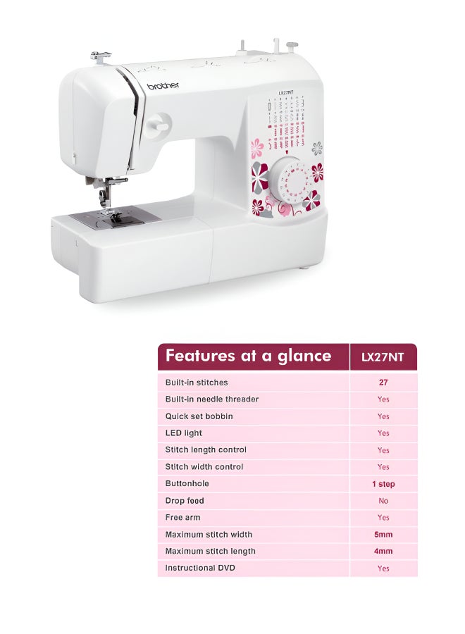 brother - LX27NT Portable Free Arm Electric Sewing machines Traditional metal chassis sewing machines featuring 27 Built-in Stitches | Sewing Machine with Built-in Needle Threaderand Quick Set Bobbin | 1-Step Buttonhole and Instructional DVD Easy to Use for Beginners and Home Sewing |Sewing Machine with Maximum stitch width 5mm and Maximum stitch length 4mm |White/Pink/Grey color |Made in Vietnam LX27NT White/Pink/Grey - Image 1
