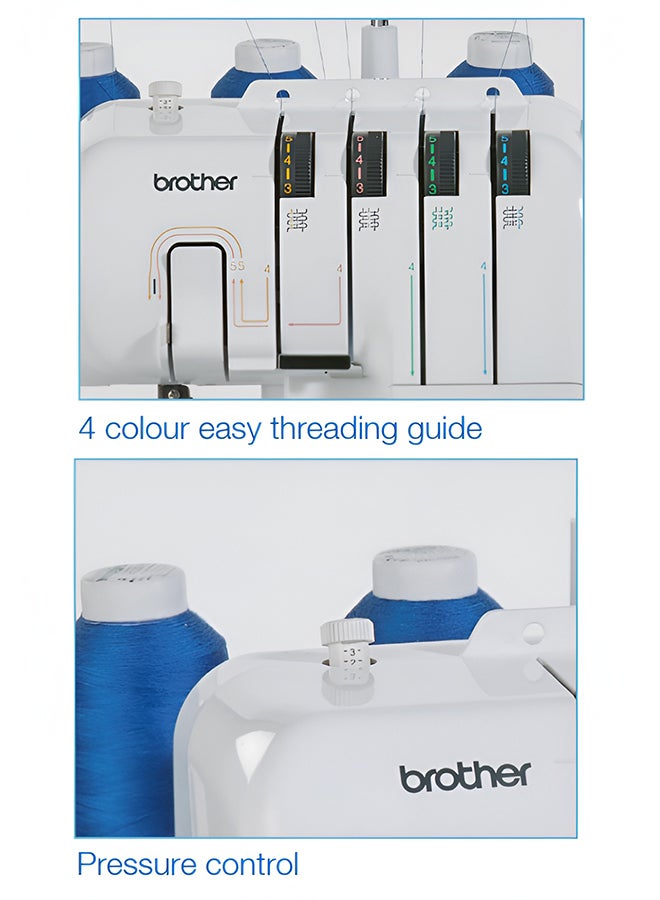 brother Electric Overlocker Sewing Machine  Ideal For Seams And Hems | Instant Rolled Hems And Decorative Effects | 3 Or 4 Thread Cut And Sew Overlock Stitches | 4 Colour Threading Guide | Stitch Width 5.0 - 7.0 Mm | Retractable Knife And Presser Foot Pressure Adjustment | Made In Vietnam 2504D White/Blue  - Image 5