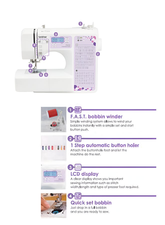 brother FS155 Computerized Electric Sewing Machine with LCD Display wide array of professional features 100 Built-in Utility and Decorative Stitches |55 Built-in Character Stitches and Quickset Drop-in |FAST bobbin winding system and Start/stop button | Reverse/auto lock button and Slide sewing speed controller | Max stitch width 7mm and Max stitch length 5mm |White color |  Made in Vietnam
Bobbin FS155 White  - Image 4
