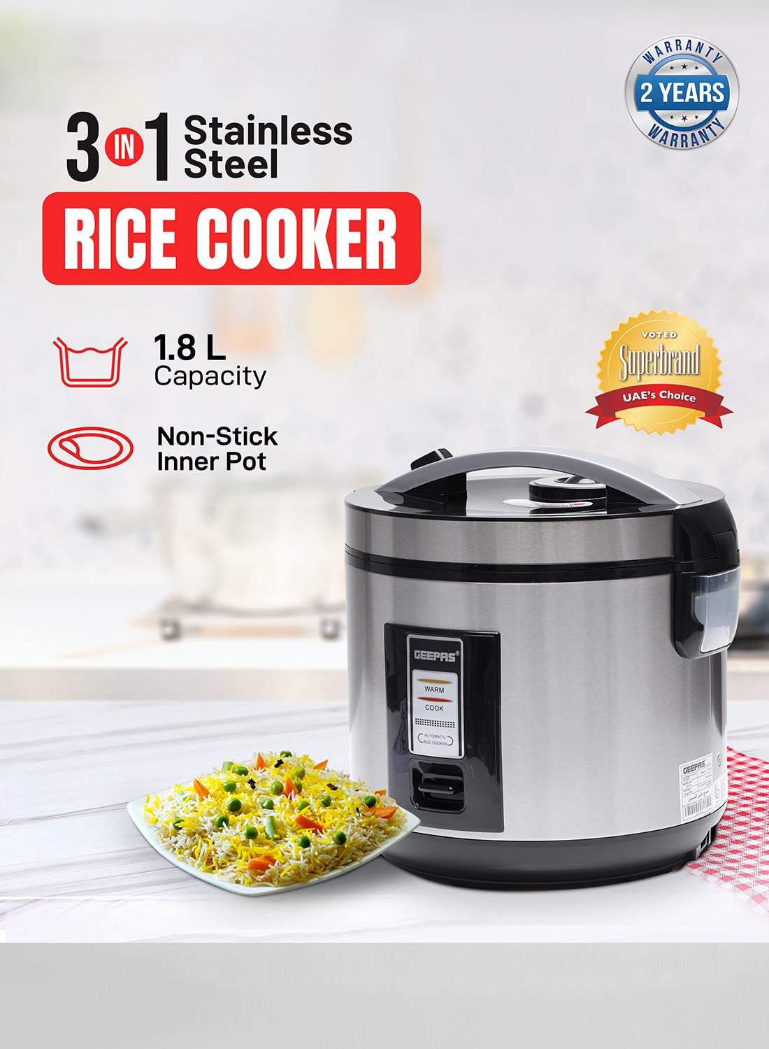 Rice Cooker 1.8 L Durable Construction| Removable Non-Stick Pot, Cool Touch Handle| Includes Cook, Warm Functions, Plastic Steamer| Perfect for Vegetables, Soups, Sauces etc |762W 1.8 L 762 W GRC4330 Black/Silver 