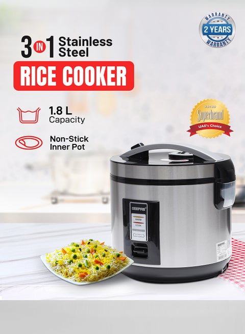 Rice Cooker 1.8 L Durable Construction| Removable Non-Stick Pot, Cool Touch Handle| Includes Cook, Warm Functions, Plastic Steamer| Perfect for Vegetables, Soups, Sauces etc |762W 1.8 L 762 W GRC4330 Black/Silver