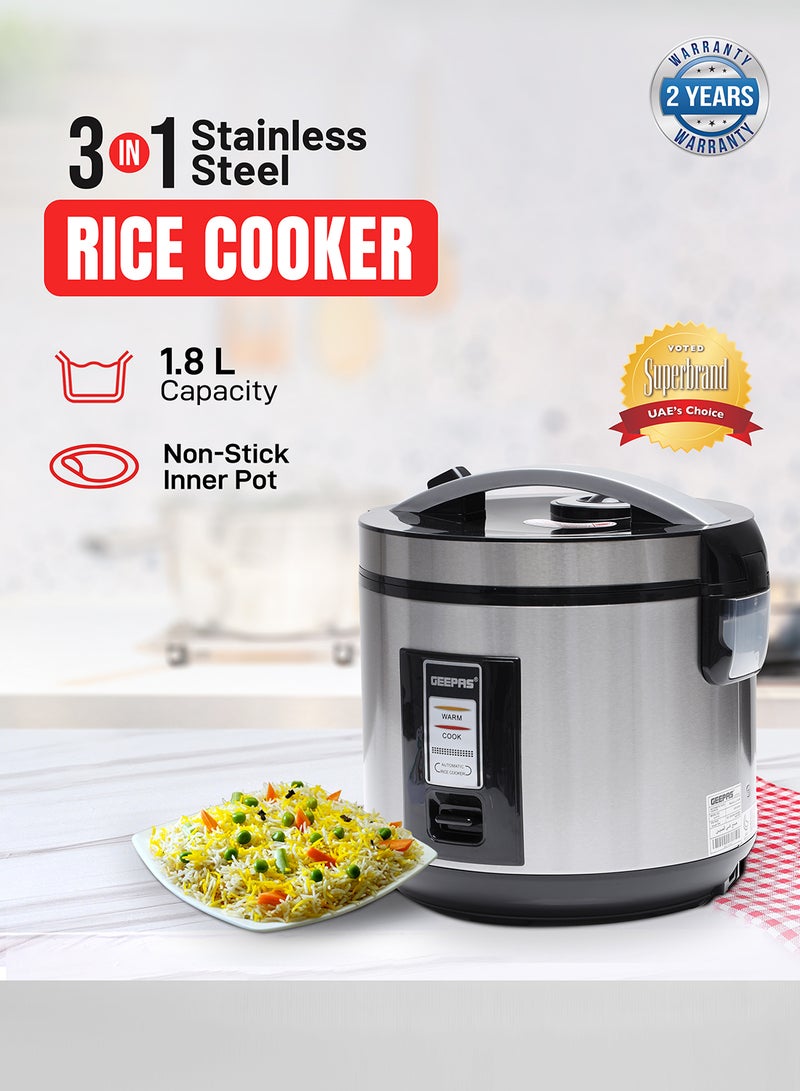 GEEPAS Rice Cooker 1.8 L Durable Construction| Removable Non-Stick Pot, Cool Touch Handle| Includes Cook, Warm Functions, Plastic Steamer| Perfect for Vegetables, Soups, Sauces etc |762W 1.8 L 762 W GRC4330 Black/Silver - Image 1