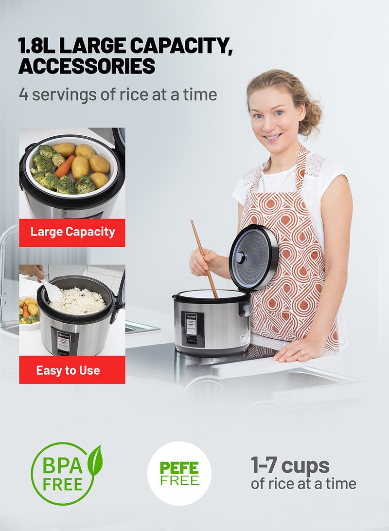 GEEPAS Rice Cooker 1.8 L Durable Construction| Removable Non-Stick Pot, Cool Touch Handle| Includes Cook, Warm Functions, Plastic Steamer| Perfect for Vegetables, Soups, Sauces etc |762W 1.8 L 762 W GRC4330 Black/Silver - Image 4