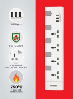 GEEPAS Extension Socket, 4 Ways, 3m Cord Length, GES4095 | Power Extension Socket | Multi Plug Power Cable | High Quality, Heavy Duty Power Switch White/Red 42cm  - Image 2