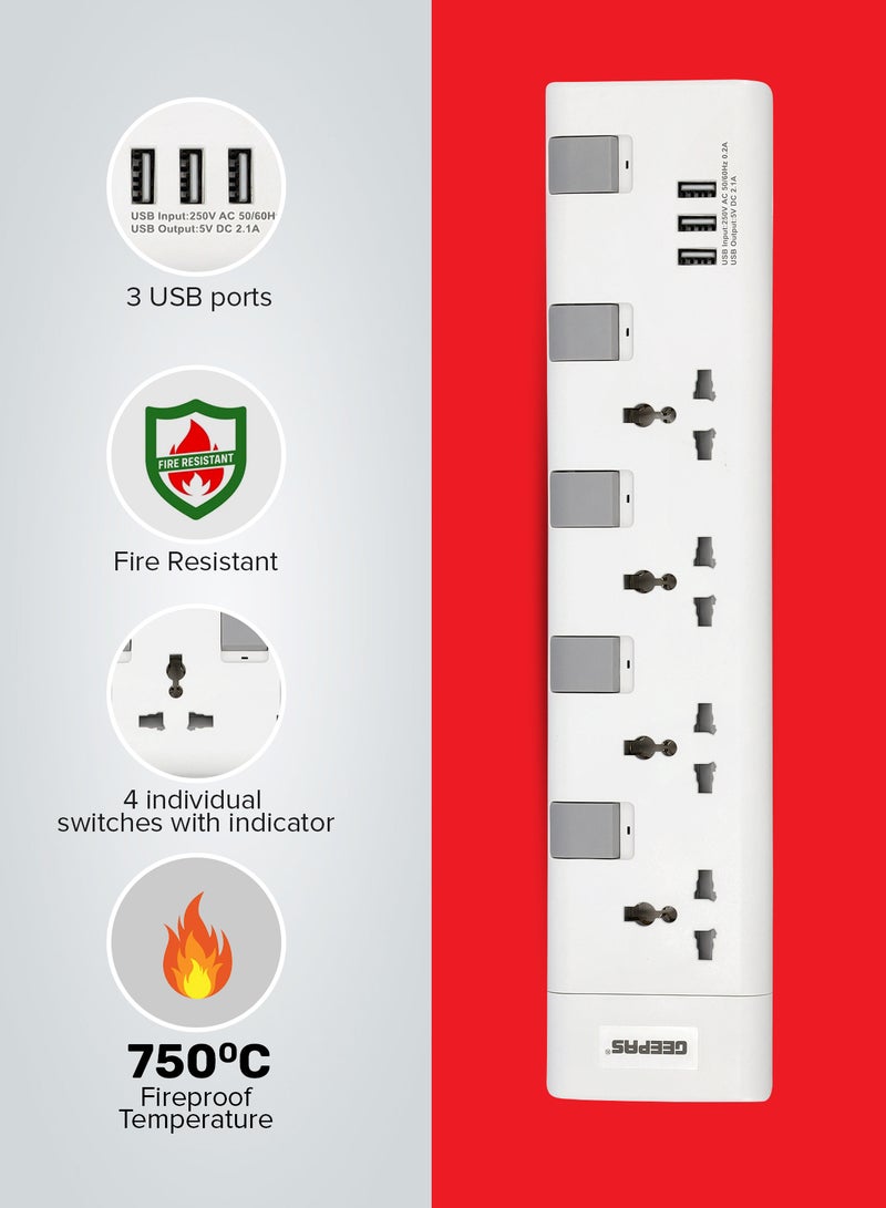 GEEPAS Extension Socket, 4 Ways, 3m Cord Length, GES4095 | Power Extension Socket | Multi Plug Power Cable | High Quality, Heavy Duty Power Switch White/Red 42cm  - Image 2