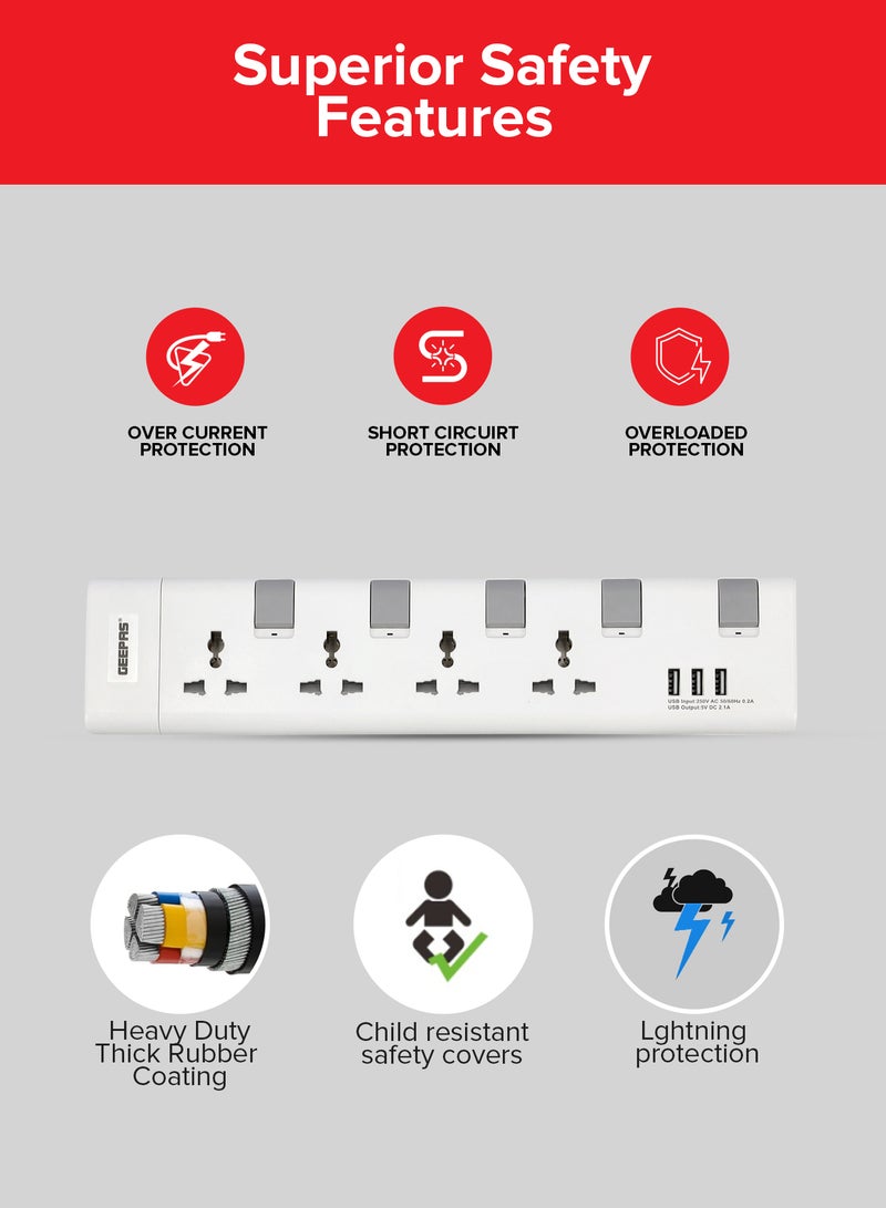 GEEPAS Extension Socket, 4 Ways, 3m Cord Length, GES4095 | Power Extension Socket | Multi Plug Power Cable | High Quality, Heavy Duty Power Switch White/Red 42cm  - Image 4