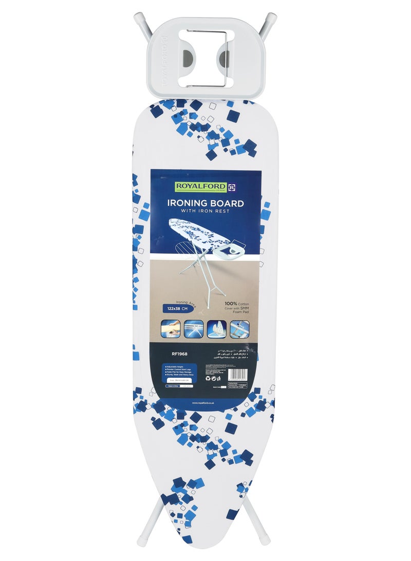 Royalford Ironing Board Suitable For Steam And Conventional Ironing Heavy Adjustment Liver Fold Flat For Storage 100 Percent Cotton Cover With Foam Pads Light Weight Easy To Carry 147x38x90 Cm - Image 1