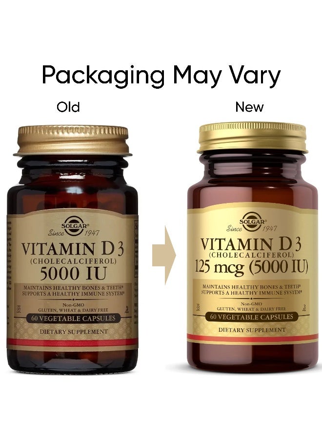 Solgar - Vitamin D3, 125 mcg (5,000 IU), 60 Vegetable Capsules Packaging May Vary - Image 1