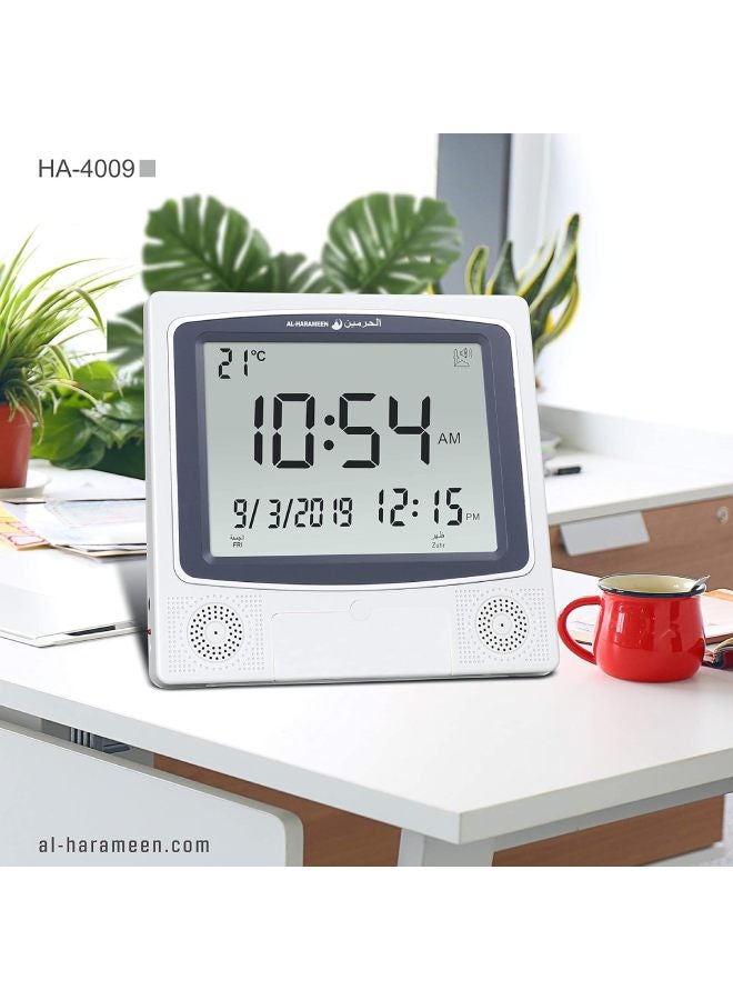 AL-HARAMEEN - Digital Azan Table Alarm Clock Square Shape Carbon Fibre Silver/Black 22.5x21.5cm - Image 1