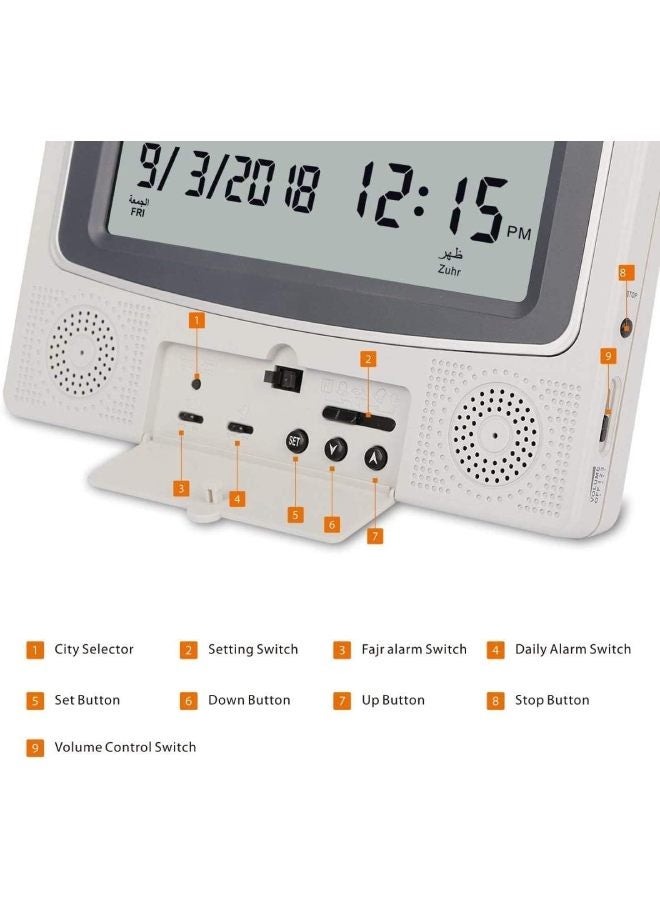AL-HARAMEEN - Digital Azan Table Alarm Clock Square Shape Carbon Fibre Silver/Black 22.5x21.5cm - Image 1
