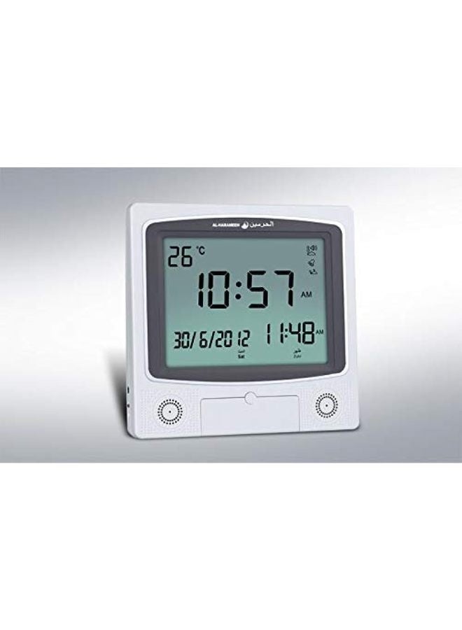 AL-HARAMEEN - Digital Azan Table Alarm Clock Square Shape Carbon Fibre Silver/Black 22.5x21.5cm - Image 1