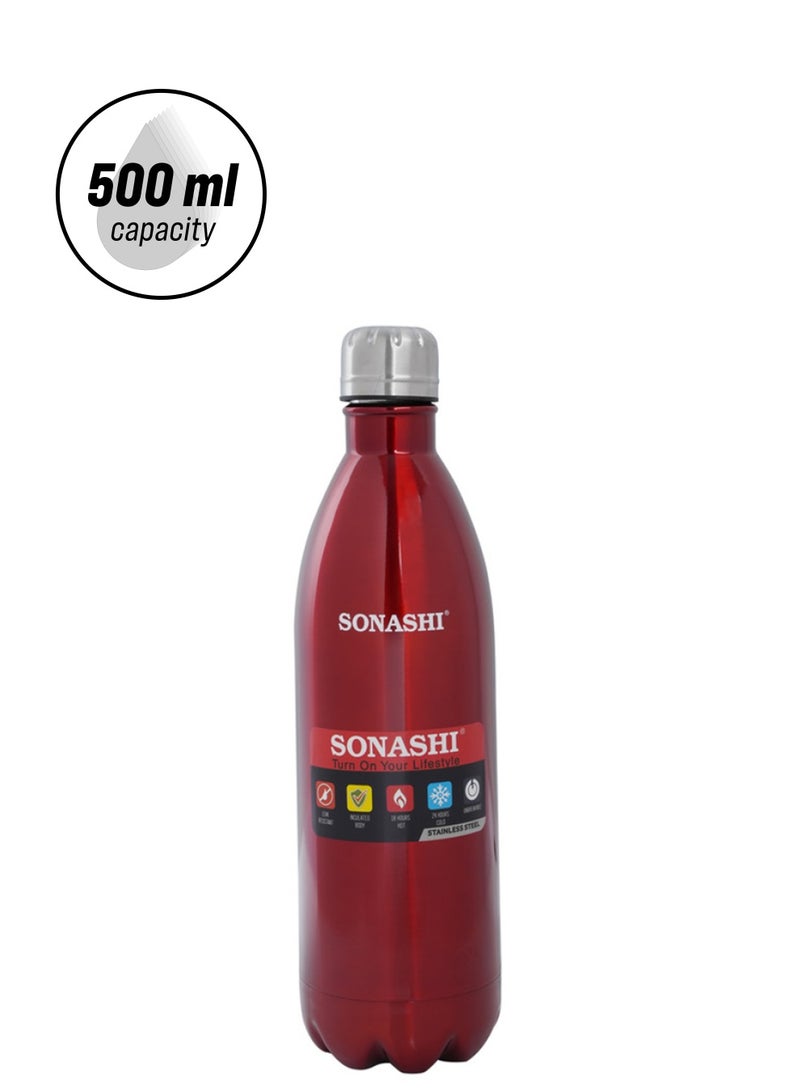 SONASHI 500ML Flask Bottle  Hot And Cold Beverages  Stainless Steel Body with Double Wall Insulation  Unbreakable and Easy to Clean Bottles for Daily Use  Portable Friendly SVB-502 Red/Silver  - Image 1