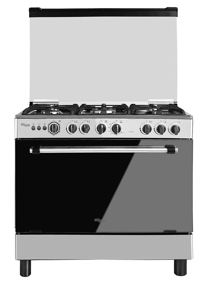 SUPER GENERAL 5 Burner Gas Cooker 90 x 60 Cm, Gas Oven With Thermostat, Rotisserie, Full Safety, Auto Ignition SGC901FS Silver/Black - Image 1
