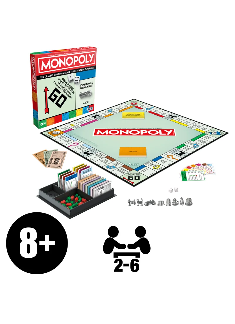 مونوبولي Original Classic Hasbro Family Board Game For 2 To 6 Players, Fun Family Kids & Adults Board Game, Festive Gift For Boys & Girls, Great fun For All Occasions, Age 8+, 2 to 6 Players 6 Players