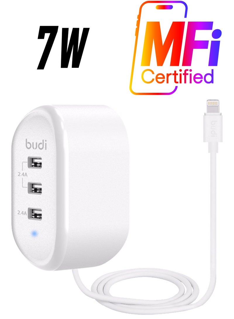budi - 3-Port USB Mobile Phone Charger With Lightning Cable - UK White - Image 1