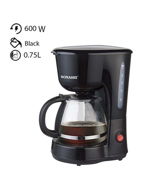 Drip Coffee Maker - With Glass Jar | Permanent Filter with Anti-drip Function | On/Off Switch with Light Indicator | Removable Funnel with Easy Cleaning | With Overheat Protection 0.75 L 600 W SCM-4920 Black
