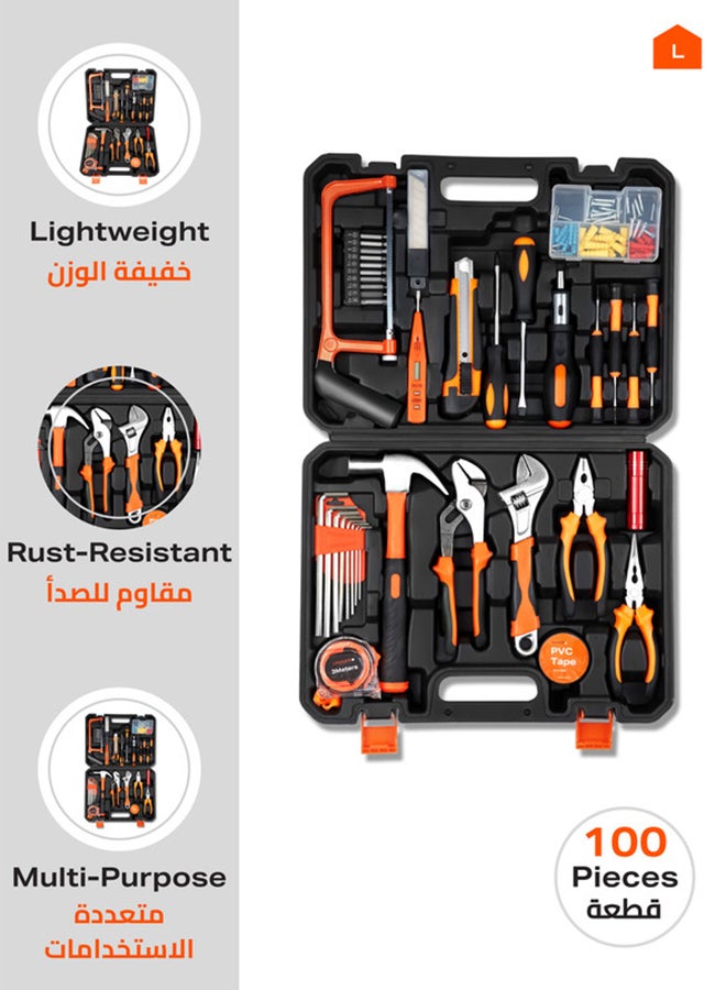 LAWAZIM - Tools Set - 100 Piece - Heavy-Duty Hand Tools Kit with Hacksaw Screwdrivers Wrenches Pliers Hex Keys 3M Measuring - for Home Repairs DIY Furniture Assembly Electrical Work Carpentry Workshop Black/Orange/Silver - Image 1