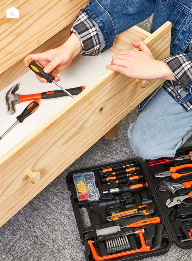 LAWAZIM - Tools Set - 100 Piece - Heavy-Duty Hand Tools Kit with Hacksaw Screwdrivers Wrenches Pliers Hex Keys 3M Measuring - for Home Repairs DIY Furniture Assembly Electrical Work Carpentry Workshop Black/Orange/Silver - Image 1